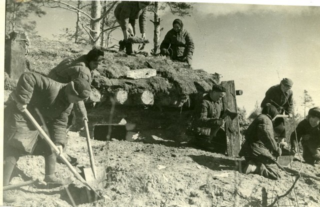 Б. Уткин. Ленинградские женщины сооружают ДЗОТ. 8 апреля 1943 г.